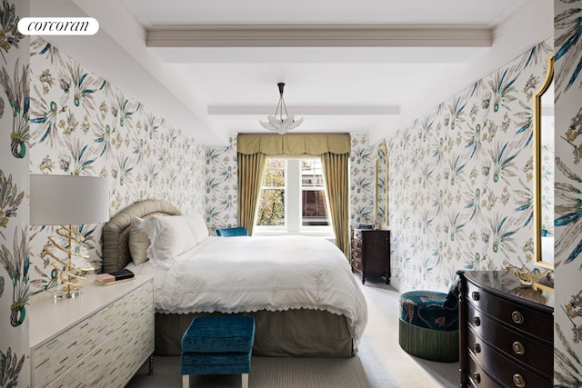 bedroom featuring carpet floors, ornamental molding, an inviting chandelier, and beam ceiling