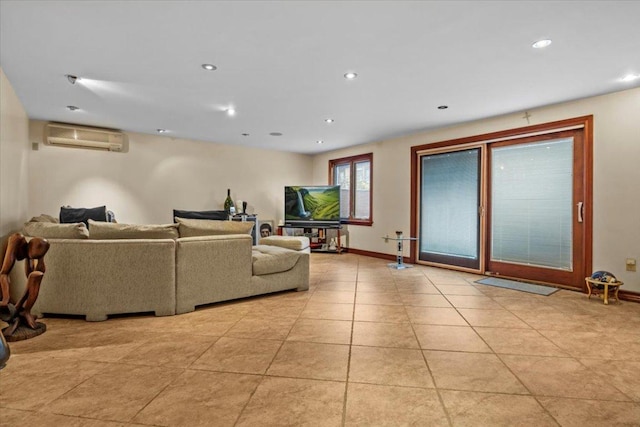 tiled living room with an AC wall unit