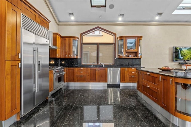 kitchen with high end appliances, ornamental molding, sink, and backsplash