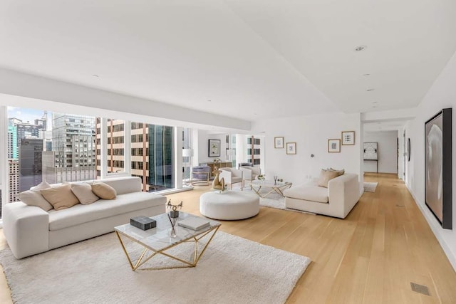 living room featuring light wood-type flooring and a city view