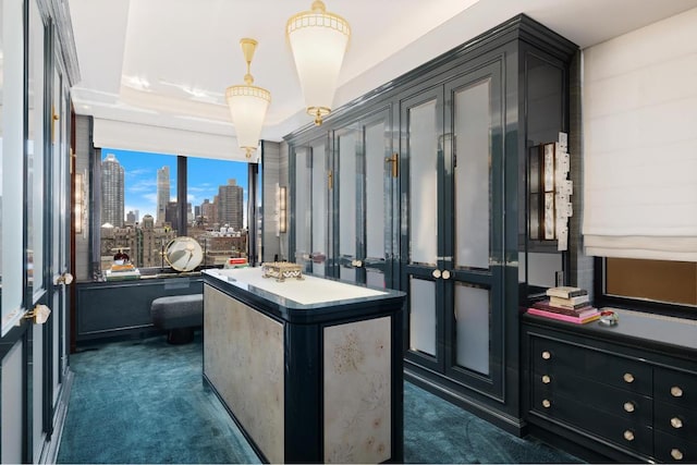 walk in closet featuring dark colored carpet