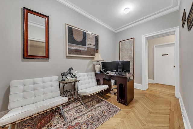 office featuring crown molding and light parquet floors