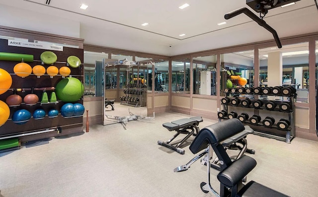 exercise room featuring carpet flooring