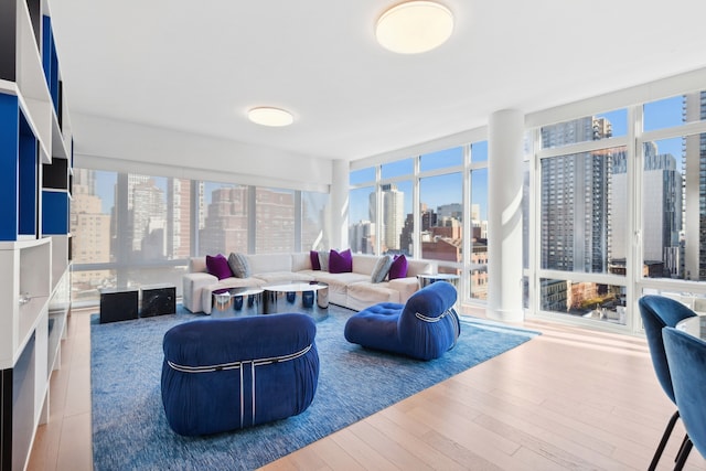 living area with a city view, a healthy amount of sunlight, and wood finished floors