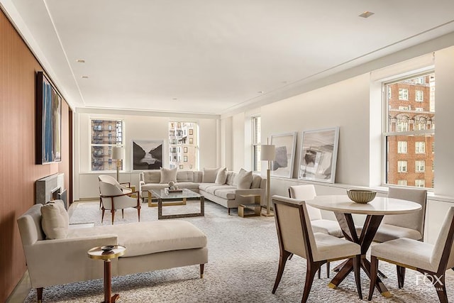 living room featuring light colored carpet