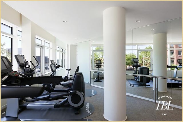 exercise room featuring plenty of natural light and decorative columns