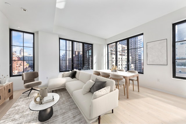 living room featuring light wood-style floors, a view of city, and baseboards