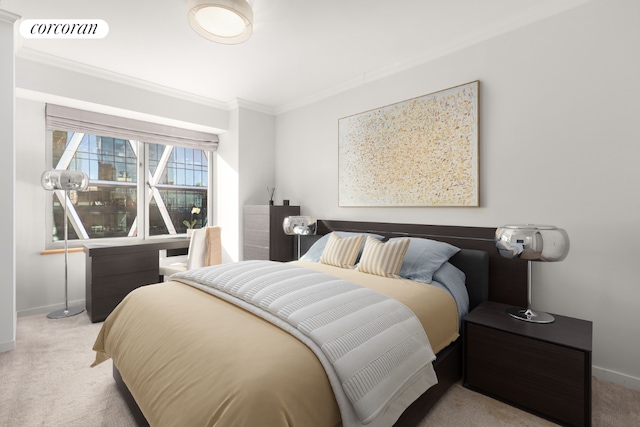 bedroom with light colored carpet and ornamental molding