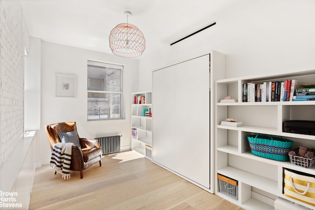 living area with light wood-type flooring and radiator