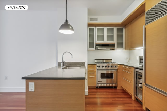 kitchen featuring under cabinet range hood, a sink, high end appliances, dark countertops, and glass insert cabinets