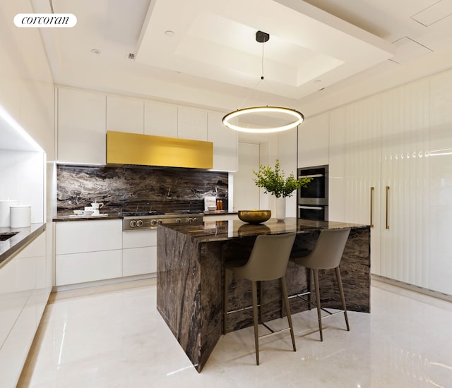 kitchen with exhaust hood, modern cabinets, a tray ceiling, backsplash, and appliances with stainless steel finishes