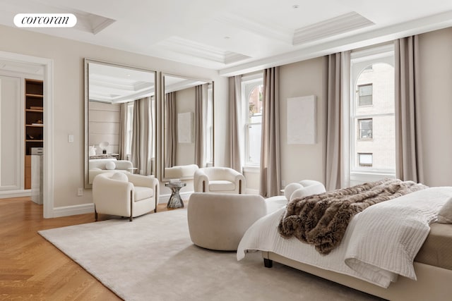 bedroom featuring crown molding, visible vents, coffered ceiling, baseboards, and parquet flooring