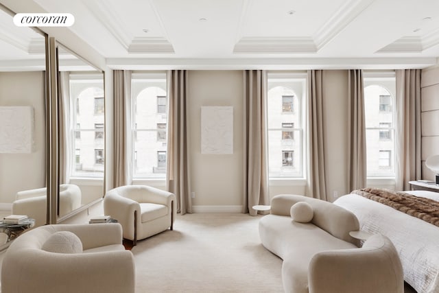 interior space featuring crown molding, a tray ceiling, visible vents, and light colored carpet