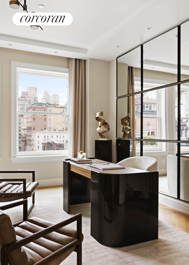 home office featuring light wood-style flooring, baseboards, and a city view