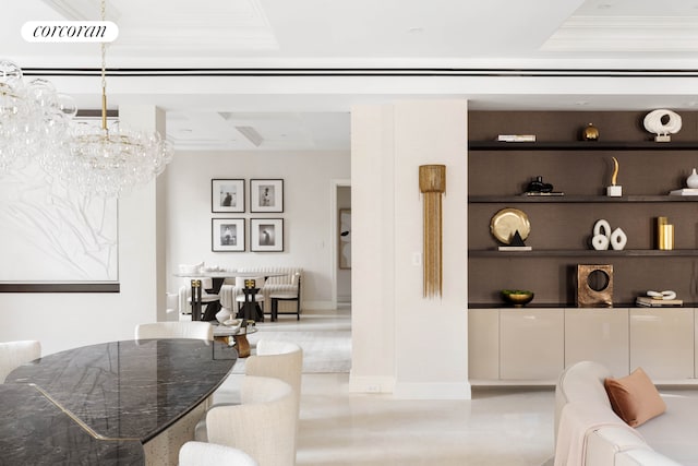 interior space with beamed ceiling, coffered ceiling, visible vents, and baseboards