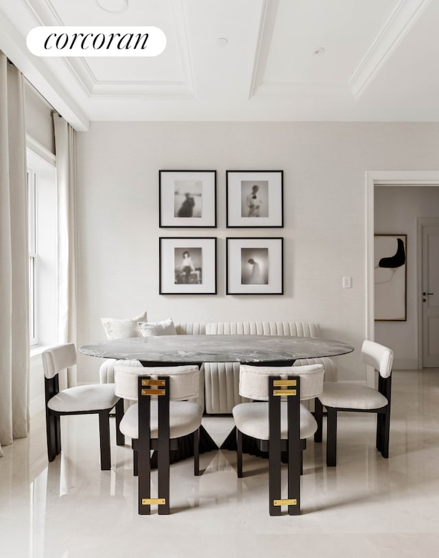 living area with marble finish floor, a tray ceiling, and crown molding