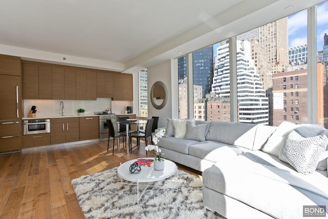 living room with sink and light hardwood / wood-style floors