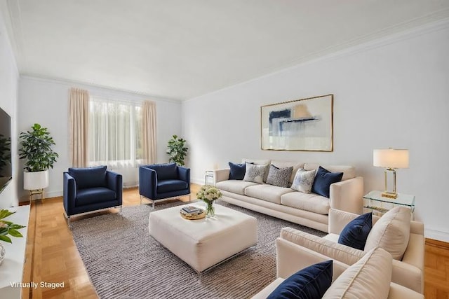 living room with parquet floors and ornamental molding