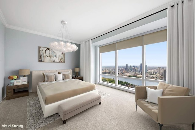 bedroom featuring a view of city, a notable chandelier, ornamental molding, access to outside, and carpet flooring