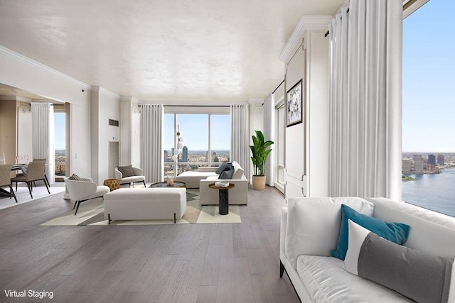 living room featuring wood-type flooring, ornamental molding, and a water view