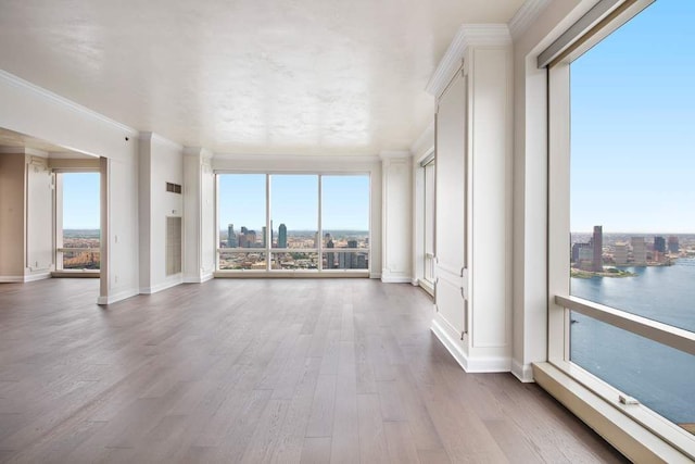 interior space featuring a city view, wood finished floors, baseboards, and ornamental molding