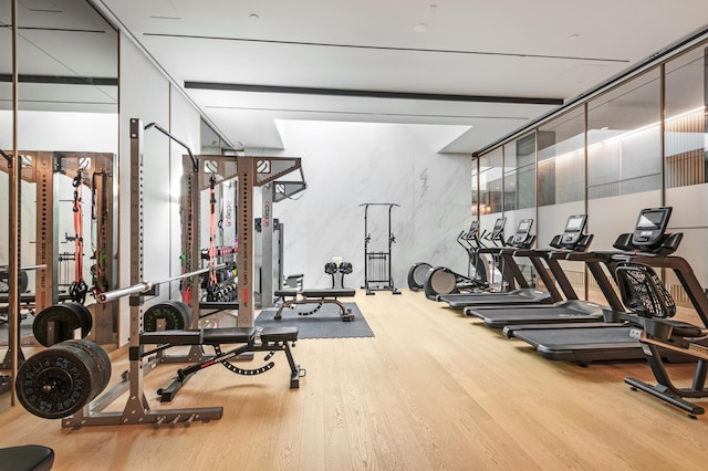 exercise room featuring wood finished floors