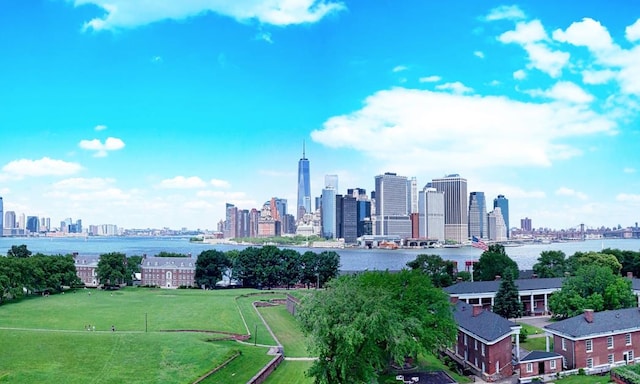 aerial view with a city view and a water view