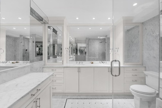 bathroom with vanity, a shower with shower door, and toilet