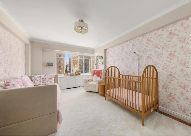 carpeted bedroom with crown molding