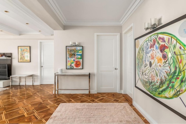 hallway featuring crown molding and dark parquet flooring