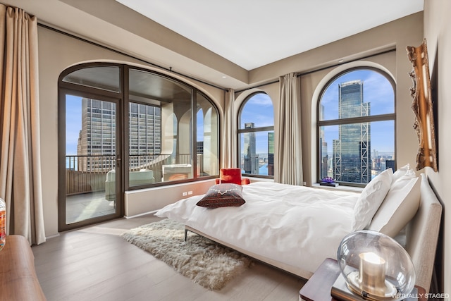 bedroom with wood finished floors, access to exterior, and a view of city