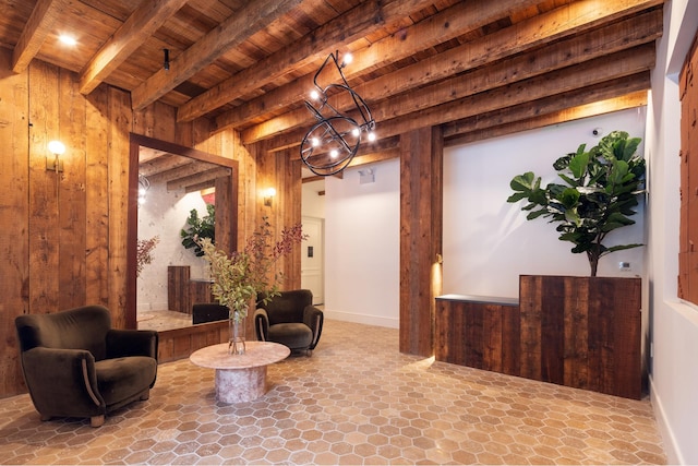 living area featuring wooden ceiling, wood walls, and beam ceiling