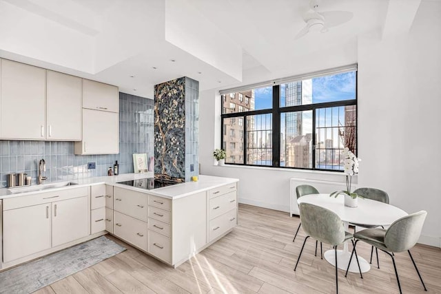 kitchen with ceiling fan, tasteful backsplash, black electric stovetop, sink, and light hardwood / wood-style flooring