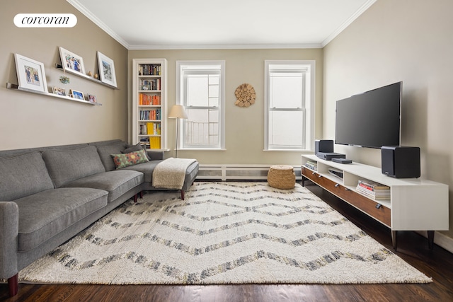 living room with built in features, visible vents, dark wood-type flooring, and ornamental molding