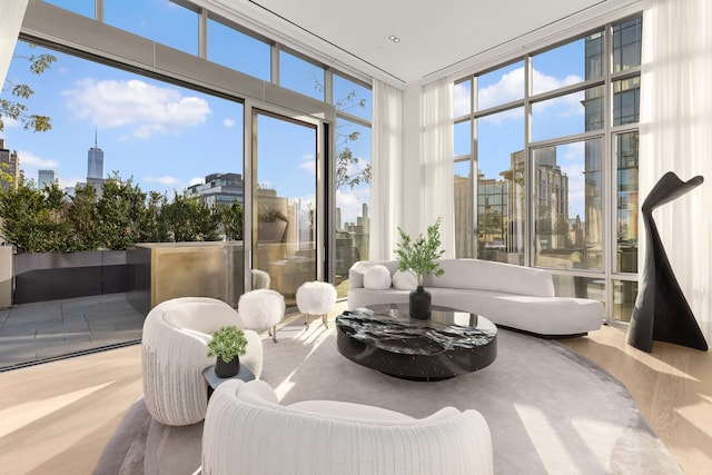 sunroom with a city view