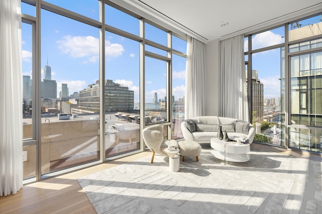 sunroom with a city view