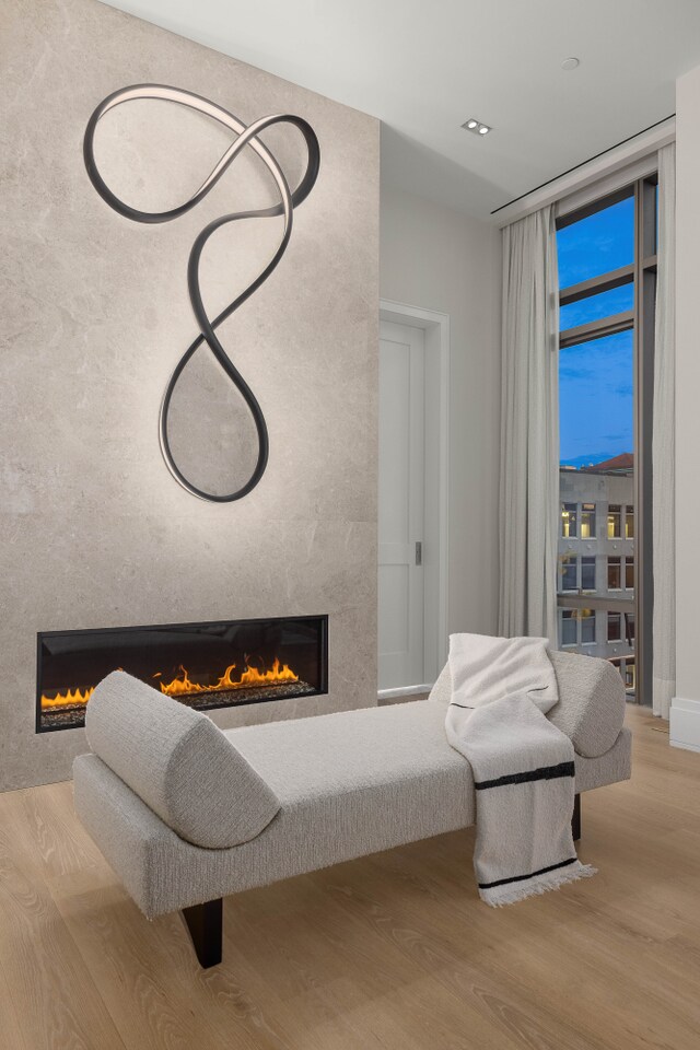 living area featuring a fireplace and light wood-style flooring