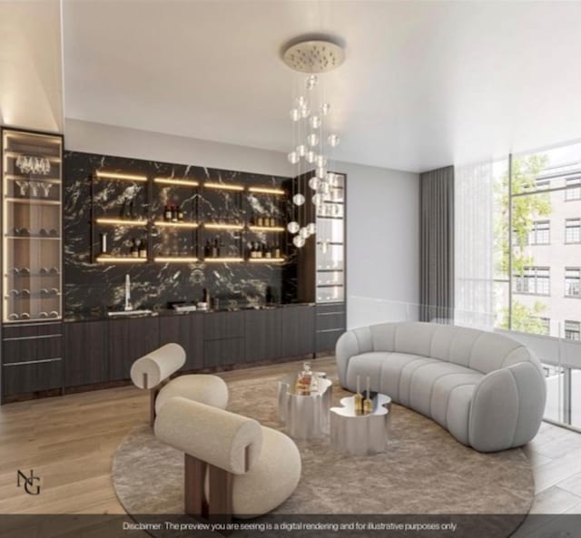 living area featuring a wall of windows and wood finished floors