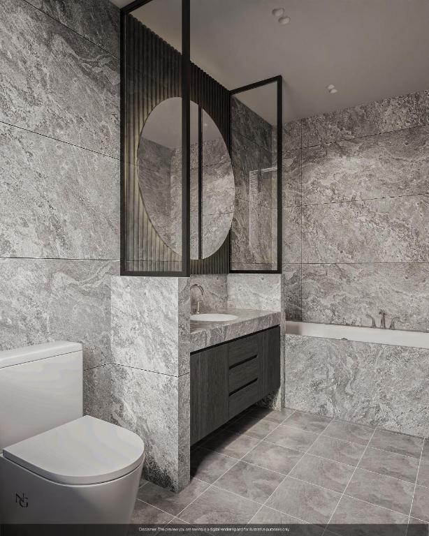 bathroom with vanity, a bath, tile walls, and toilet