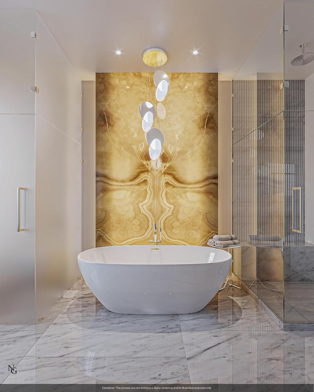 full bathroom with marble finish floor, a shower with door, and a soaking tub