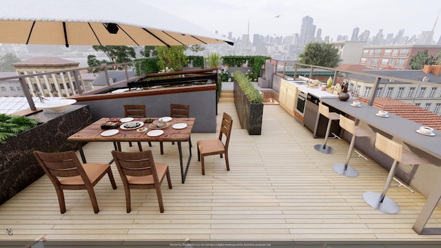 balcony with a view of city and outdoor dining area