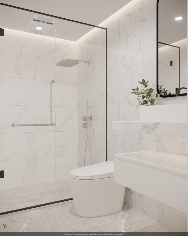 full bathroom featuring toilet, a stall shower, marble finish floor, and tile walls