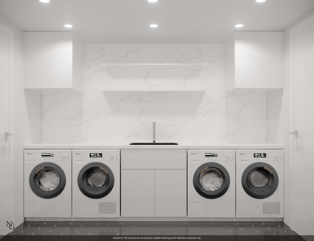 clothes washing area featuring laundry area, recessed lighting, a sink, and washer and dryer