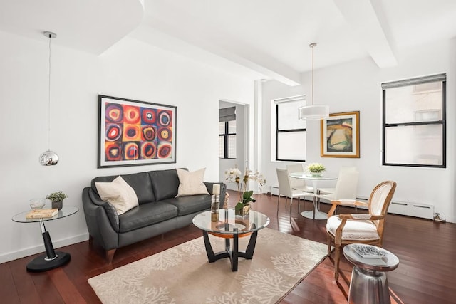 living room featuring a baseboard heating unit, dark hardwood / wood-style flooring, and beamed ceiling