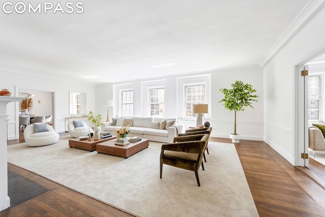 living room with crown molding and wood-type flooring