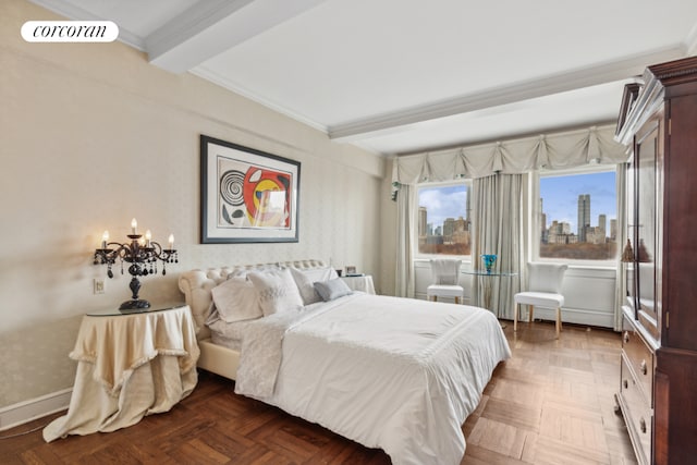 bedroom with beam ceiling, a city view, visible vents, and baseboards