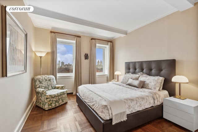 bedroom featuring visible vents, baseboards, and ornamental molding