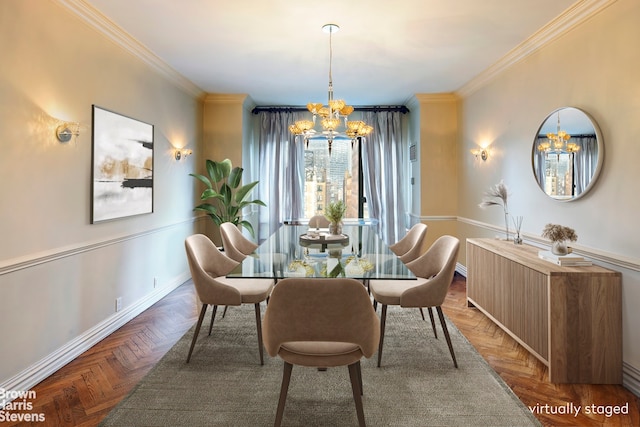 dining area with ornamental molding, parquet floors, and a notable chandelier