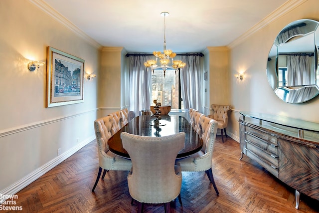 dining room featuring an inviting chandelier, ornamental molding, and dark parquet floors