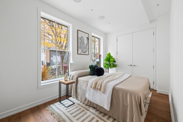 bedroom with dark wood-style floors, baseboards, and a closet